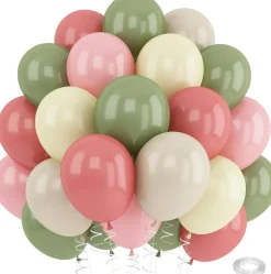 35Pcs Dusty Green Pink Beige Balloons, 12 Inch Olive Sage Pink Yellow White Latex Balloons with Ribbon for Wildflower Goose Chick Birthday Baby Shower Decor
