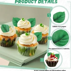 100Pcs Edible Leaves Cupcake Toppers, Green Leaf Cake Toppers