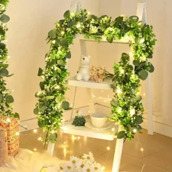 2Pcs Eucalyptus Garland with Lights, Greenery Garland, Green Garland with Flowers, 5.9FT Artificial Faux Eucalyptus Leaves Vines for Table Mantle Home Wedding Party Indoor Outdoor Decor