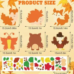 12PCS Fall Animal Craft Kit for Kids DIY Autumn Sticker Art Set Thanksgiving Crafts Turkey Fox Owl Squirrel Hedgehog Animal Decorations for Classroom Party Activities Gifts