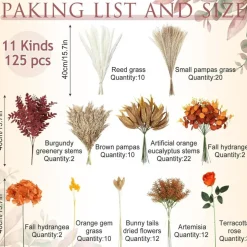 125 PCS Fall Artificial Greenery Stems Box Set, Faux Pampas Grass & Flowers, 11 Styles Eucalyptus, Hydrangea, Roses, Bunny Tails & Foliage Picks for DIY Bridal Bouquets, Wedding, Thanksgiving & Home Decor