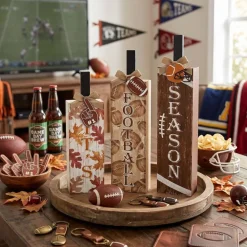 3PCS Fall Football Wooden Block Signs – Autumn Tiered Tray Decor with Bows & Maple Leaves, Rustic Harvest Tabletop Centerpieces for Home Kitchen Thanksgiving Decoration