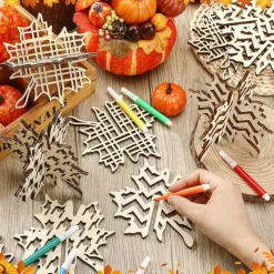 36PCS Fall Maple Leaf Craft Set – 24 3D Wooden Maple Cutouts + 12 Colored Markers, Unfinished DIY Autumn Thanksgiving Table Decor, Tiered Tray & Harvest Centerpiece Decoration Kit