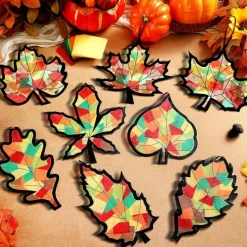 32 PCS Fall Maple Leaf Suncatcher Craft Kit – DIY Stained Glass Tissue Paper Window Art Set | Autumn Paper Craft Templates for Kids Classroom, Thanksgiving & Fall Party Decorations, DIY Favors Bulk Pack
