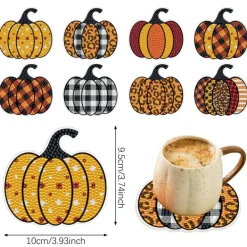 8 Pcs Fall Pumpkin Rhinestones Art Painting Coasters with Holder 8 Style Cute Pumpkin Non Slip Acrylic Round Cup Coaster Art Supplies for Beginners Adults Autumn DIY Rhinestones Painting Kit