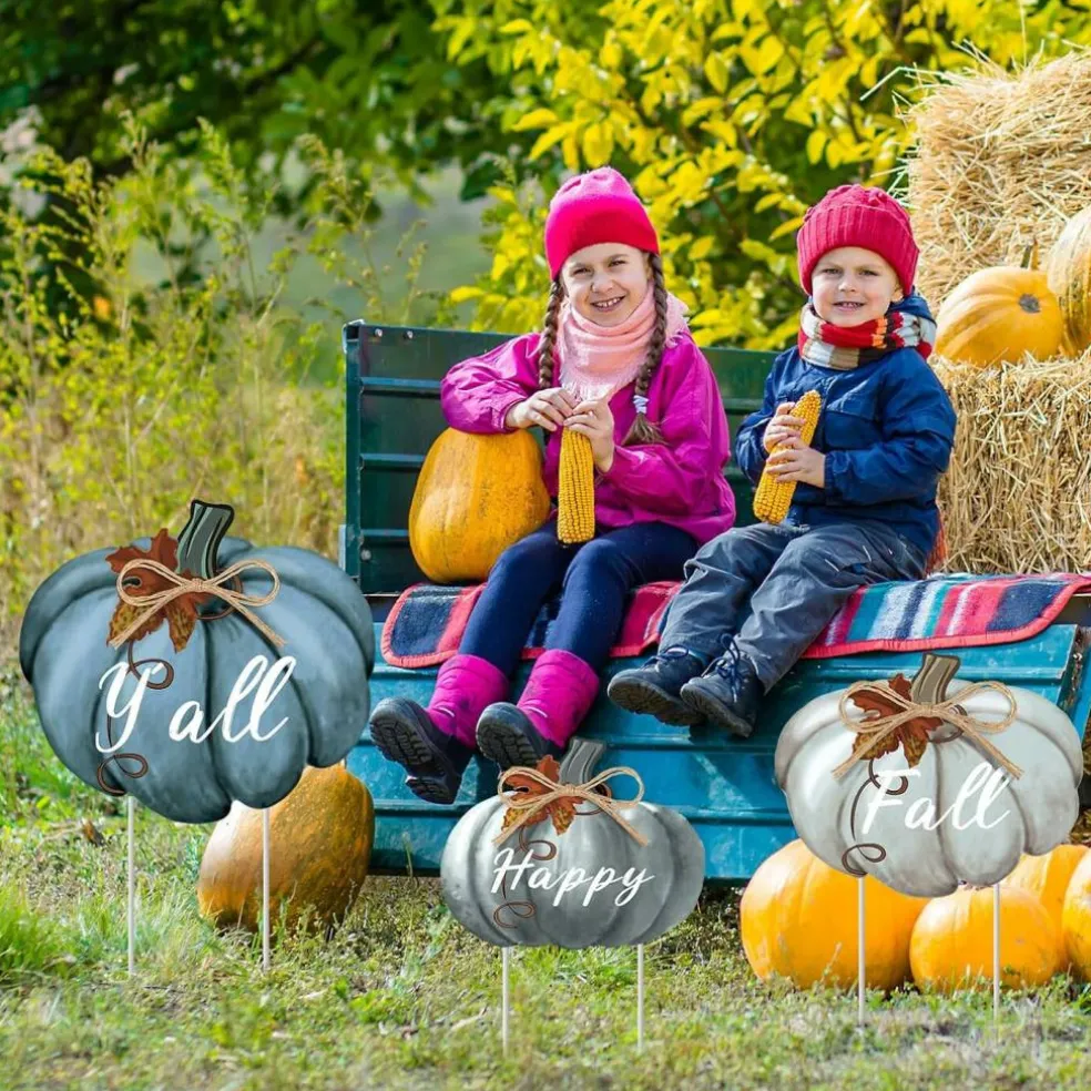 3 Pcs Fall Pumpkin Yard Stakes Signs Decoration - 31 Inch