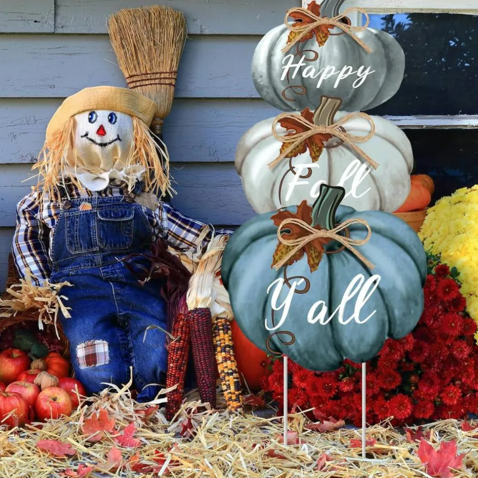 3 Pcs Fall Pumpkin Yard Stakes Signs Decoration - 31 Inch