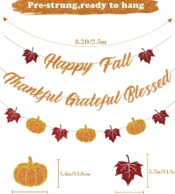 3 Pcs Fall Thanksgiving Banner Set, Happy Fall Blessed Grateful Thankful Pumpkin and Maple Leaves Pre-Strung Garland Decorations for Home, Party and Autumn Harvest Decor