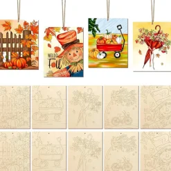10 Pcs Fall Thanksgiving Wood Crafts to Paint, Unfinished Wooden Ornaments with Predrilled Holes and Ropes, Pumpkin Scarecrow Maple Leaf DIY Painting Crafts for Adults Kids Home Decor