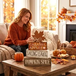 4 PCS Fall Tiered Tray Decor Set, Wooden Maple Leaf Block Signs, Thanksgiving Table Centerpieces, Rustic Farmhouse Autumn Harvest Decorations for Kitchen Shelf Mantel Coffee Table Home Decor