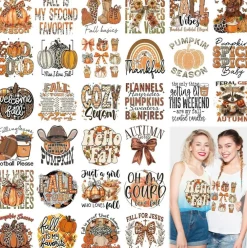 30PCS Fall Western Iron-On Transfers – Retro Pumpkin Leopard Heat Transfer Vinyl (HTV/DTF) Decals – Autumn DIY Appliques for T-Shirts, Hats, Pillows & Farmhouse Seasonal Clothing Crafts