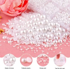 13000Pcs Flatback Pearls for Crafts White Assorted Sizes 2mm–10mm, Half Round Non Hotfix Pearl Beads with Tweezers and Picker Pen for DIY Crafting, Clothing, Tumblers, Nails, Shoes and Decorations