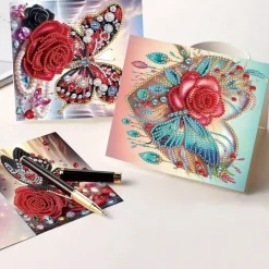 8 Pcs Flower & Butterfly Diamond Painting Greeting Cards with Envelopes, 5D Special Shaped Rhinestone DIY Cards for Christmas, Birthday, Mother's Day, Father's Day & Teacher's Day Gifts