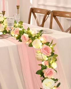 4 Pcs Flower Garland with 39.2 Ft Lights, 26.4 Ft Pink & White Floral Garland Fake Flowers for Wedding Arch Party Wall Garden Room Decor