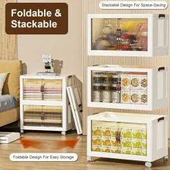 3 Pcs Foldable Storage Bins with Lid Stackable Closet Organizer Containers with 4Pcs 360° Rotatable Wheels