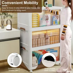 3 Pcs Foldable Storage Bins with Lid Stackable Closet Organizer Containers with 4Pcs 360° Rotatable Wheels