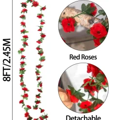 5Pcs 41FT Artificial Red Flower Garland, Fake Hanging Flower Vines Wine Red Rose with Green Leaves, Faux Silk Flower for Backdrop Decoration Tea Party Wedding Birthday Anniversary Bedroom