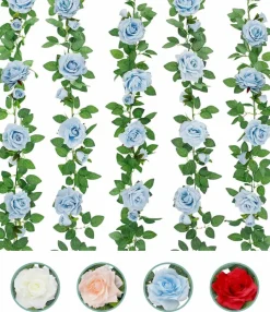 5Pcs 32.5FT Blue Rose Garland Fake Flower Vines Faux Artificial Floral Garland Hanging Rose Ivy for Wedding Arch Garden Ceremony Background Valentine's Day Outdoor Wall Decor