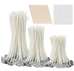 150Pcs Functional Smokeless Candle Wicks - Pre Waxed Cotton Wick with Metal Sustainer Tabs for Pillar Candle Making and DIY, (Thick3.5+6"+8")