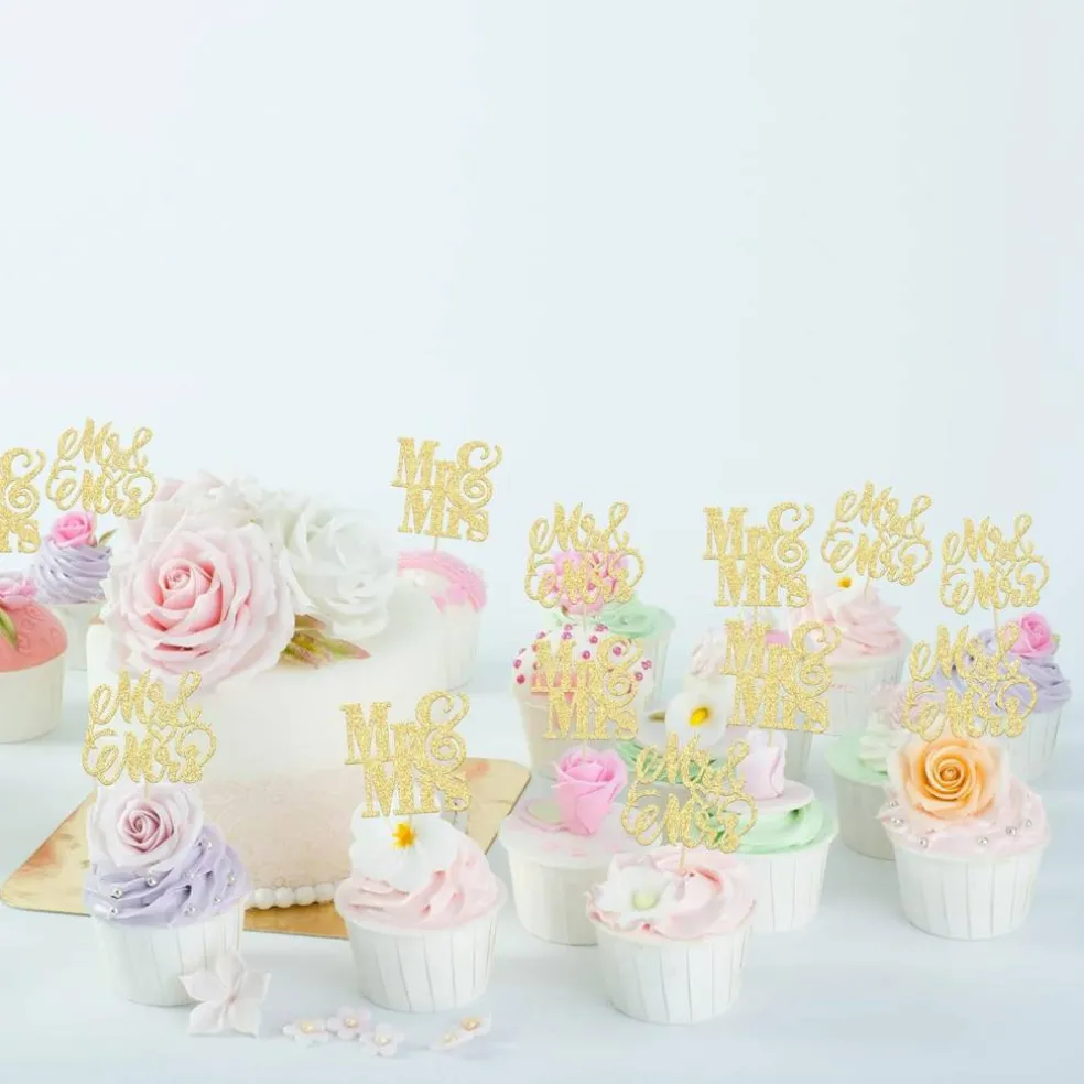 24PCS Gold Glitter Mr & Mrs Cupcake Toppers – Bridal Shower & Wedding Picks, 2.4"x4.3"