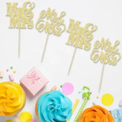 24PCS Gold Glitter Mr & Mrs Cupcake Toppers – Bridal Shower & Wedding Picks, 2.4