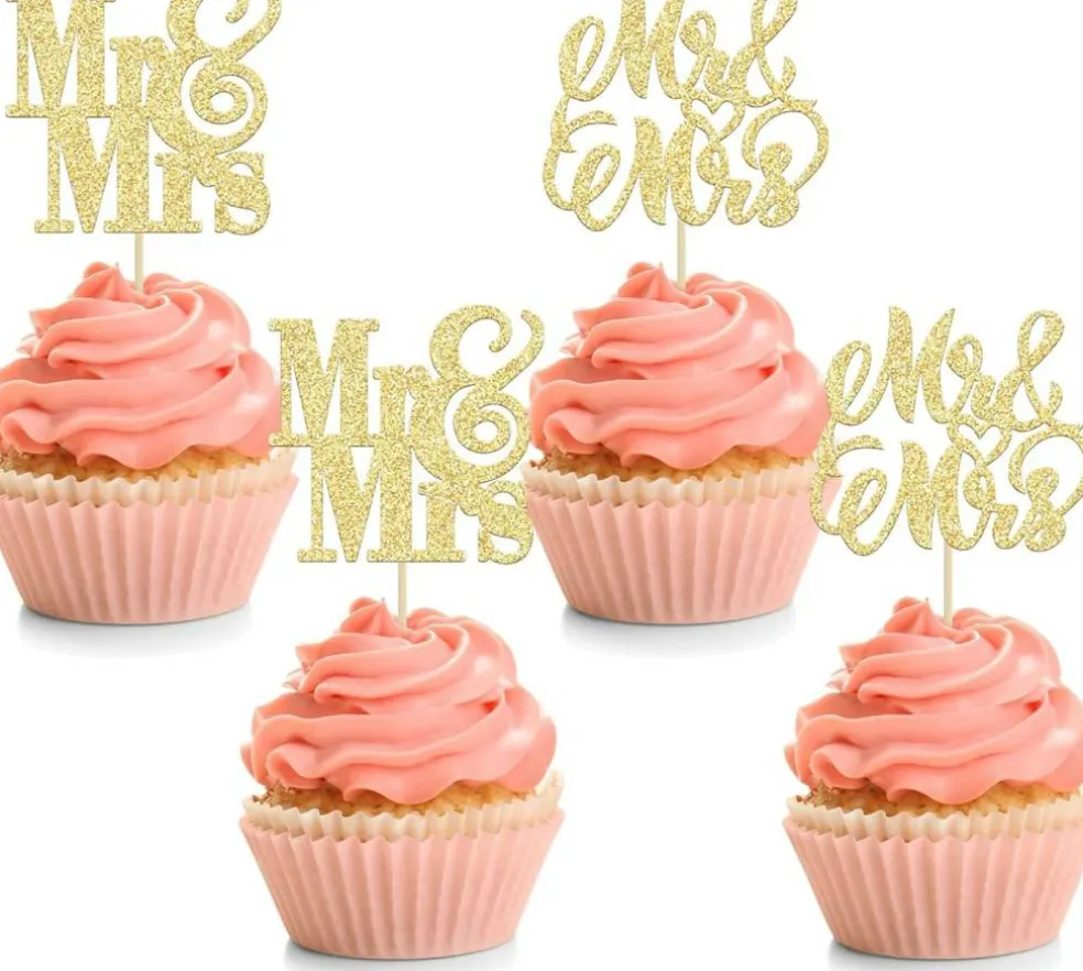 24PCS Gold Glitter Mr & Mrs Cupcake Toppers – Bridal Shower & Wedding Picks, 2.4"x4.3"