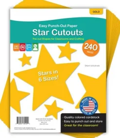 240pcs Gold Star Bulletin Board Decor Cutouts, 6 Sizes Cardstock Star Shapes for Classroom Crafts, Posters, DIY Projects and Party Decorations