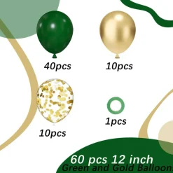 60PCS Green and Gold Latex Balloons, 12 Inch Metallic Green Gold Confetti Balloon Set with Ribbon for Graduation, Jungle, Safari, Birthday, Baby Shower and Party Decorations