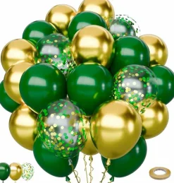 65Pcs Green Gold Balloons Set, Dark Green & Metallic Gold Balloons, Confetti Latex Balloons for Birthday, Graduation, St. Patrick's Day, Jungle Party Decorations