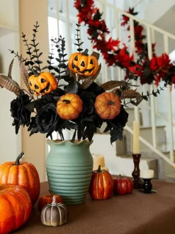 10 PCS Halloween Artificial Flower Bouquet, Black Silk Roses with Pumpkin Gourds, Eucalyptus & Maple Leaves Fall Floral Arrangement for Home Table Centerpiece, Wedding Decor, Party & Seasonal Decorations