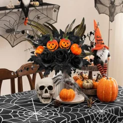 14 Pcs Halloween Artificial Flower Stems, 19.5 Inch Black Pumpkin Rose Eucalyptus Maple Leaf Picks, Gothic Floral Branches for Vase Centerpieces, Table Decor, Home Party & Indoor Halloween Decorations