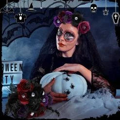 40 PCS Halloween Artificial Flowers Bouquet with Eyeballs & Spiders, Black Roses, Dark Red Roses & Faux Eucalyptus Stems, Gothic Floral Arrangement for Haunted House, Party Centerpiece, Vase & Home Decor
