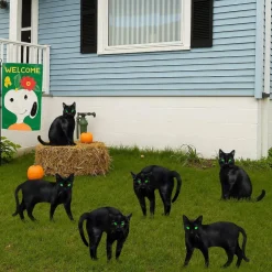 6 PCS Halloween Black Cat Yard Signs with Stakes, 3D Fur Silhouette Lawn Decorations with Green Eyes, Waterproof Corrugated Plastic Outdoor Halloween Decor for Yard, Lawn & Porch