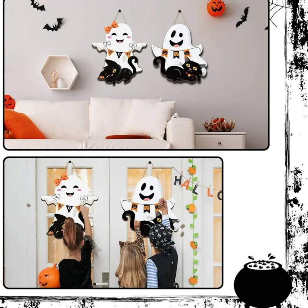 2 Pcs Halloween Ghost Witch Door Sign Boo Decor - Ghost