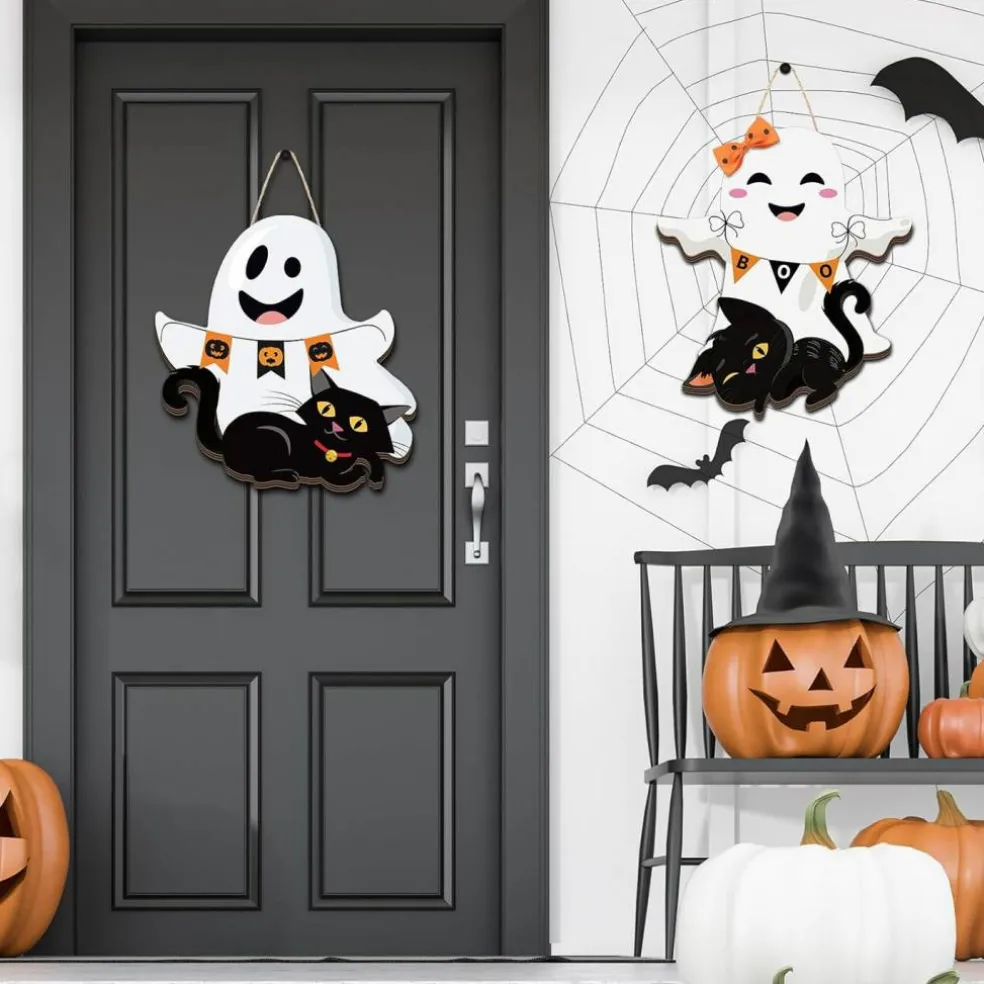 2 Pcs Halloween Ghost Witch Door Sign Boo Decor - Ghost