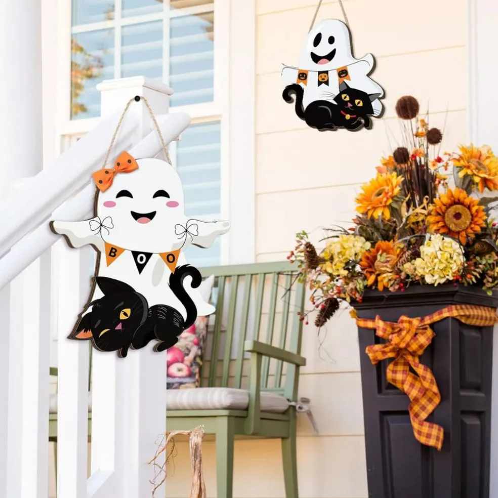 2 Pcs Halloween Ghost Witch Door Sign Boo Decor - Ghost
