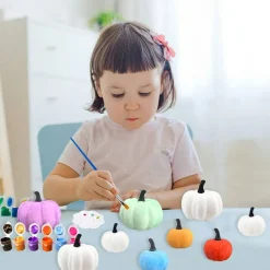 10 pcs Halloween Pumpkin Decorating Kit for Kids, DIY White Artificial Pumpkins with 12 Color Paints Brushes and Palette, Paint Your Own Craft Set for Halloween Thanksgiving Fall Decor Ages 4 5 6 7 8