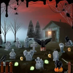 65PCS Halloween Village Accessories Set, Mini Graveyard Decorations with Tombstones, Crows, Skulls, Spiders, Trees & Fence, Halloween Figurines for Tabletop, Fairy Garden, Party, Home & Yard Décor
