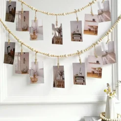 2PCS Hanging Photo Display Wall Decor, Boho Wooden Bead Garland Photo