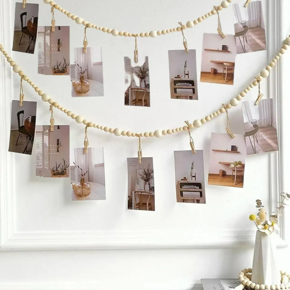 2PCS Hanging Photo Display Wall Decor, Boho Wooden Bead Garland Photo