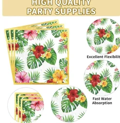 200Pcs Hawaiian Luau Party Decorations Aloha Tropical Hibiscus Floral Luau Plates and Napkins Palm Leaf Tableware Sets for Summer