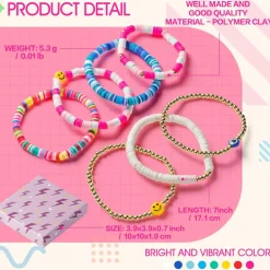 7Pcs Heishi Surfer Bracelets Set Colorful Preppy Smile Evil Eye Beaded Stretch Bracelets Clay Stackable Boho Disc Y2K Aesthetic Summer Beach Bracelets