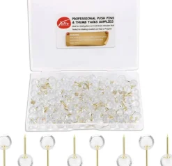 100 pcs 1/3 inch gold push pins map tacks steel point with transparent round heads