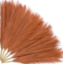 6 Pcs 17.7 Inch Orange Pampas Grass, Fluffy Artificial Fall Pampas Stems for Vase, Burnt Orange Faux Feather Grass for Boho Wedding Centerpieces, Thanksgiving & Home Decor