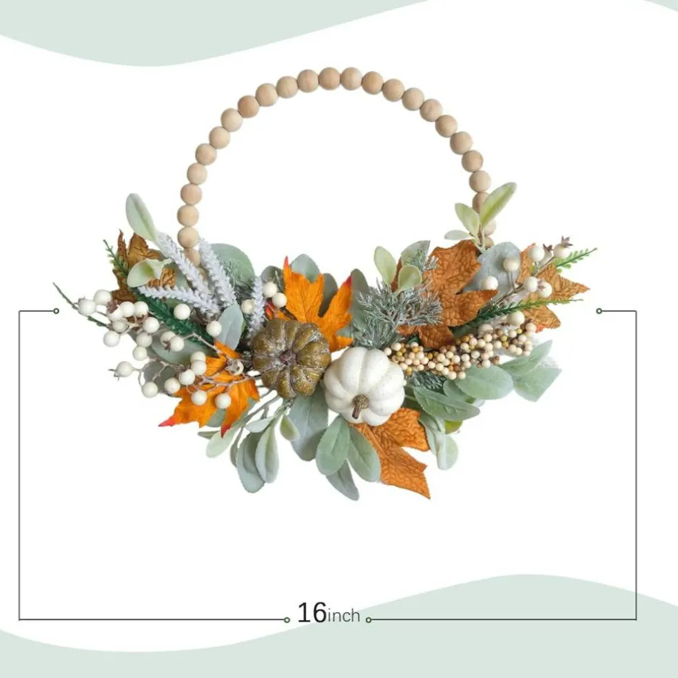 2PCS 16inch Wood Beads Fall Wreath Eucalyptus Berries Pumpkins Lamb Ears Leaves