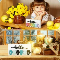 5PCS Interchangeable Seasonal Wooden Sign Decor, Hello Summer Fall Winter Spring Farmhouse Tabletop Centerpiece with Reversible Season Icons for Tiered Tray, Shelf, Office and Home Decoration