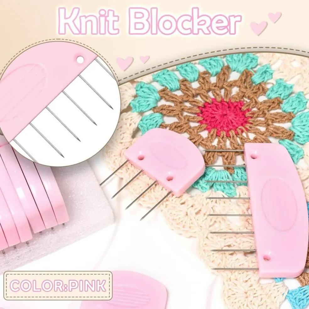 25PCS Knit Blocking Pins Kit Pink, Knit Blocking Combs for Knitting Crochet Lace Needlework Projects, Stainless Steel Knitting Block Tool for Blocking Mats