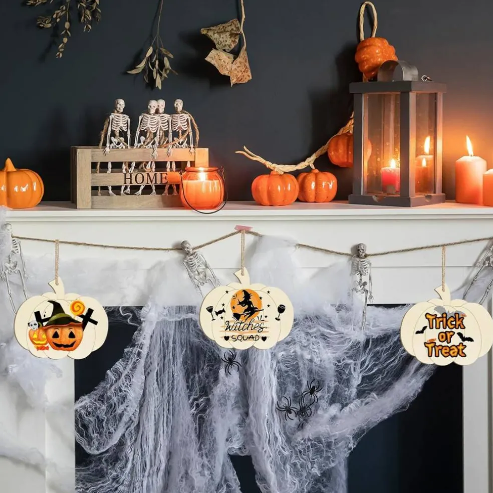 10PCS Large 7 Inch Wooden Pumpkin Ornaments to Paint – Unfinished DIY Halloween & Thanksgiving Hanging Wood Cutouts with Rope for Autumn Home Décor & Crafts