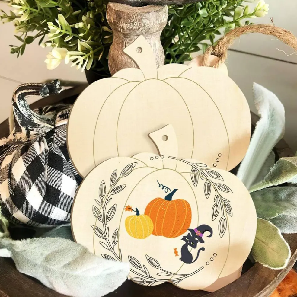 10PCS Large 7 Inch Wooden Pumpkin Ornaments to Paint – Unfinished DIY Halloween & Thanksgiving Hanging Wood Cutouts with Rope for Autumn Home Décor & Crafts