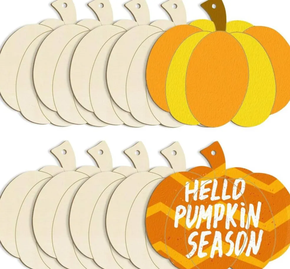 10PCS Large 7 Inch Wooden Pumpkin Ornaments to Paint – Unfinished DIY Halloween & Thanksgiving Hanging Wood Cutouts with Rope for Autumn Home Décor & Crafts